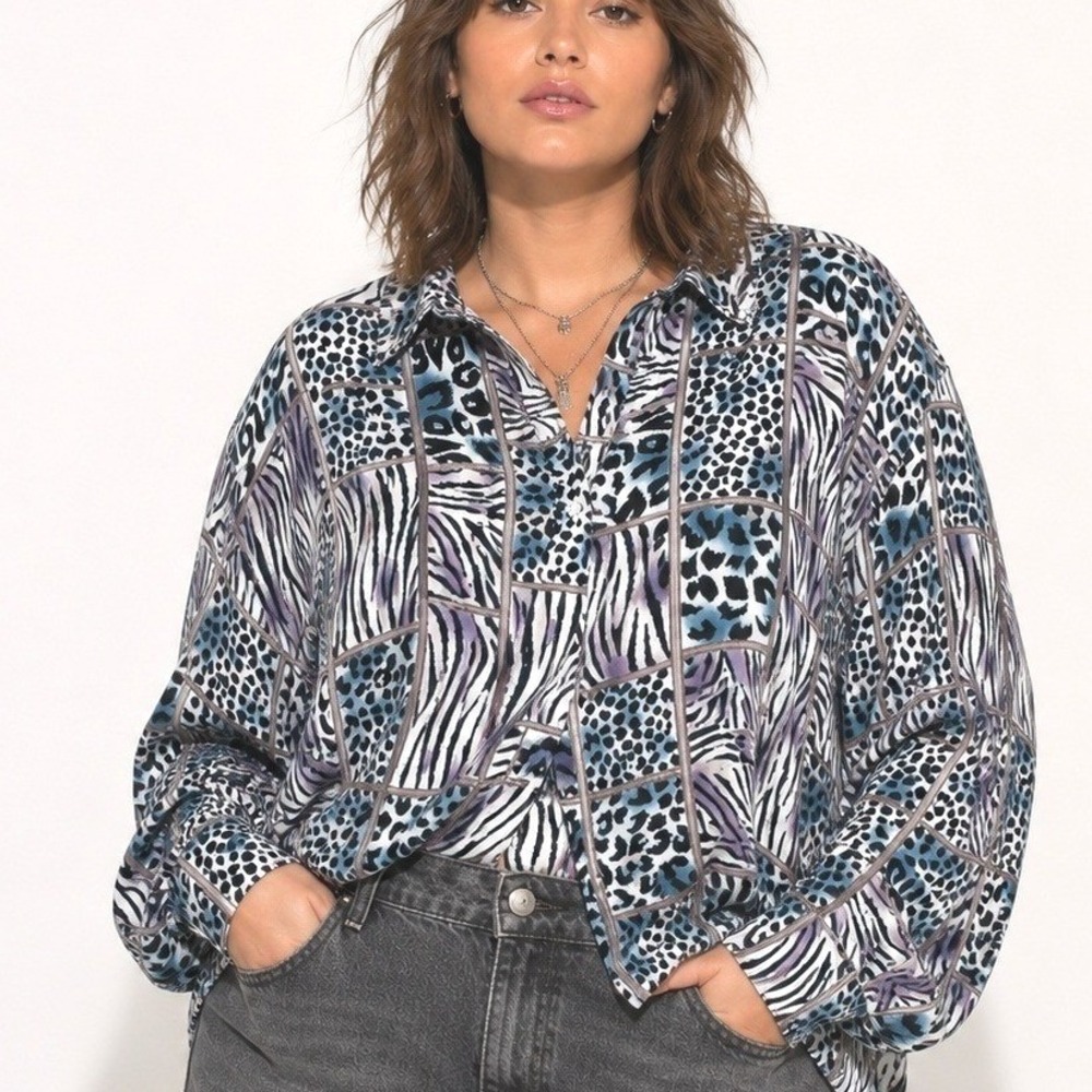 Alfred Dunner Animal Print Patchwork Button Down Shirt 22W Indie Grunge Y2K Chic
